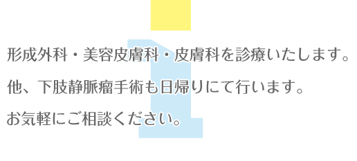 形成外科・美容皮膚科・一般皮膚科を診療いたします。他、下肢静脈瘤手術も日帰りにて行います。お気軽にご相談ください。